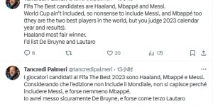 【龙八国际】记者：梅西姆巴佩进入FIFA最佳候选是胡评，我会选德布劳内劳塔罗