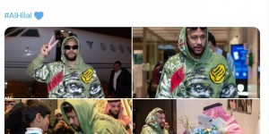 【龙八国际】这阵势?内马尔乘私人飞机抵达利雅得，一身潮牌墨镜+专人送花