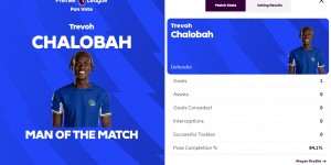 【龙八国际】英超官方：查洛巴当选切尔西2-0热刺全场最佳球员，本场打进1球