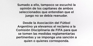 【龙八国际】阿根廷足协官方：比赛本该终止，已向FIFA纪律委员会提出申诉