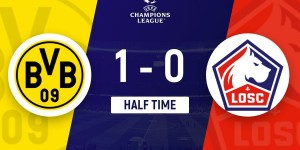 【龙八国际】半场-多特1-0里尔 阿德耶米造险+贴地斩破门格罗斯进球被吹