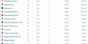 【龙八国际】中超球队身价排行：上海海港1773万欧居首，泰山、国安分列二三位