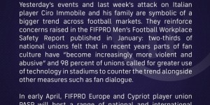 【龙八国际】FIFPRO就费内巴切冲突事件声明：当局有责任保护球员的安全福利