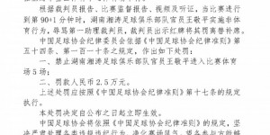 【龙八国际】官方：湖南湘涛官员王敬平辱骂裁判，遭禁止入场5场罚款2.5万