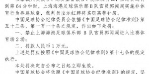 【龙八国际】海港B队官员郭闻周辱骂球童，被足协禁赛2场、罚款1万
