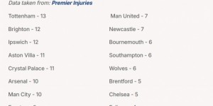 【龙八国际】英超本赛季伤病榜：热刺13人次，曼城枪手各10人次，曼联7人次