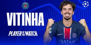 【龙八国际】1进球+2过人4解围！官方：维蒂尼亚当选巴黎3-0布雷斯特全场最佳