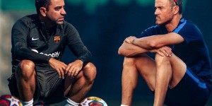 【龙八国际】欧冠1/4决赛对阵巴黎，巴萨官方晒哈维、恩里克对视海报