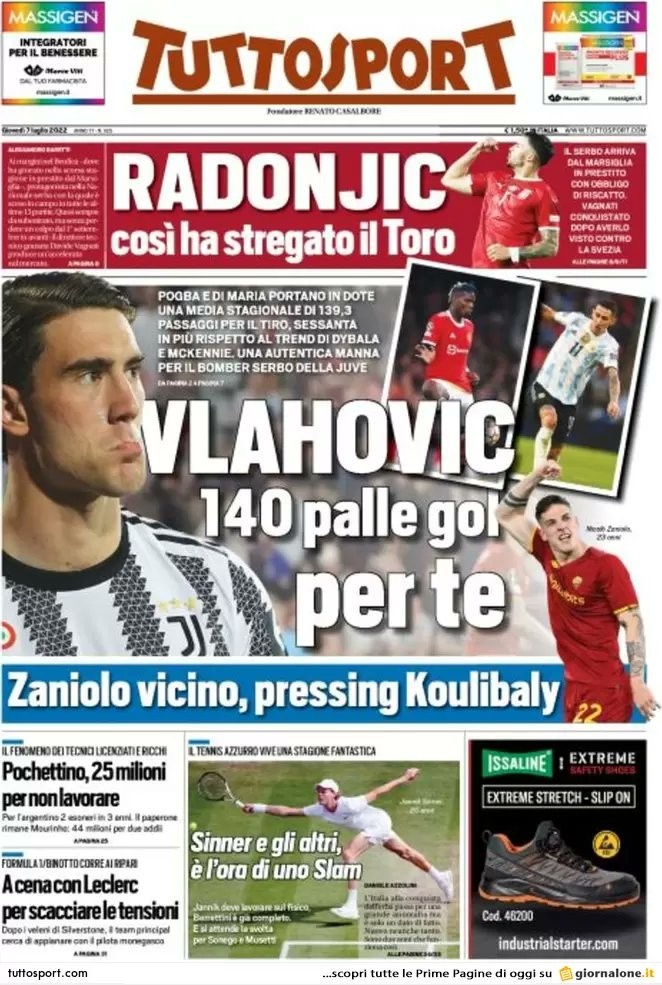 都体头版:博格巴&迪马利亚加盟对弗拉霍维奇是好消息