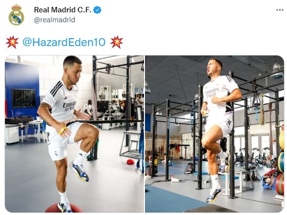 很有精神!皇马官推晒阿扎尔训练照,阿扎尔转发:??