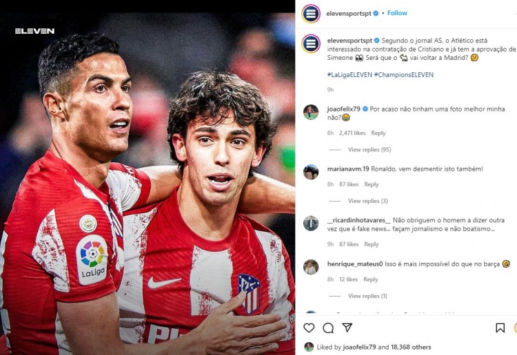 媒体晒C罗菲利克斯马竞合照，菲利克斯点赞评论：有没有帅点照片