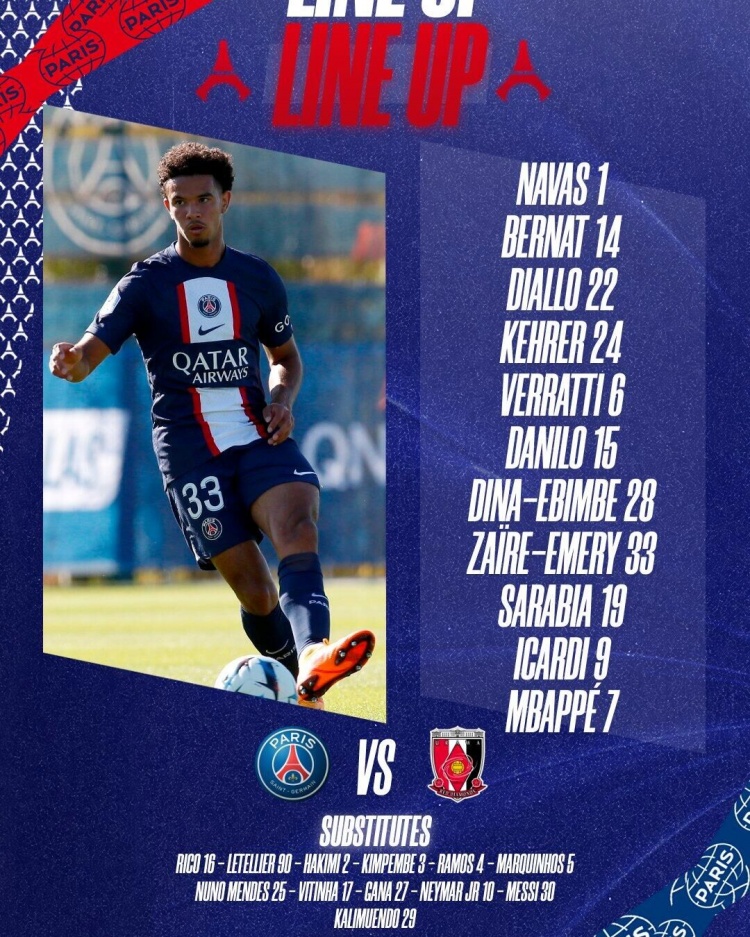 巴黎vs浦和红钻首发:姆巴佩、伊卡尔迪出战,梅西、内马尔替补