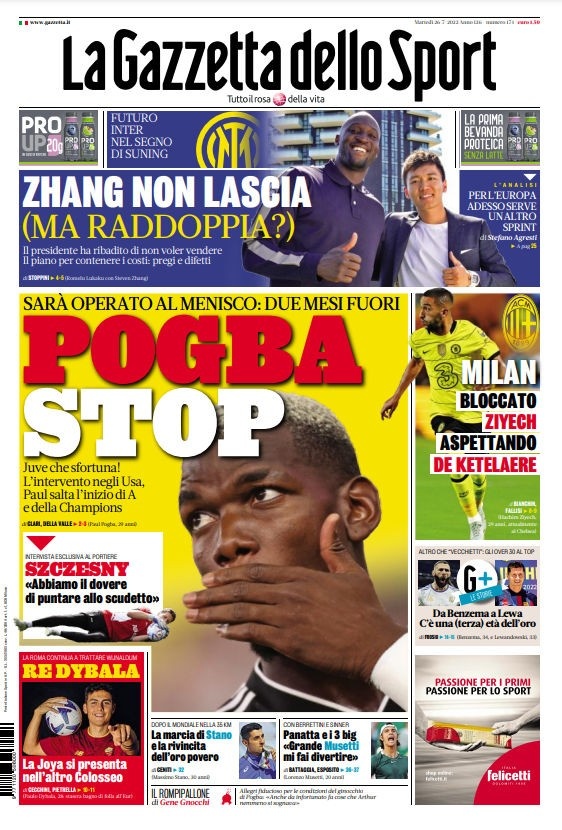 米体头版:博格巴将接受半月板手术,伤缺两个月