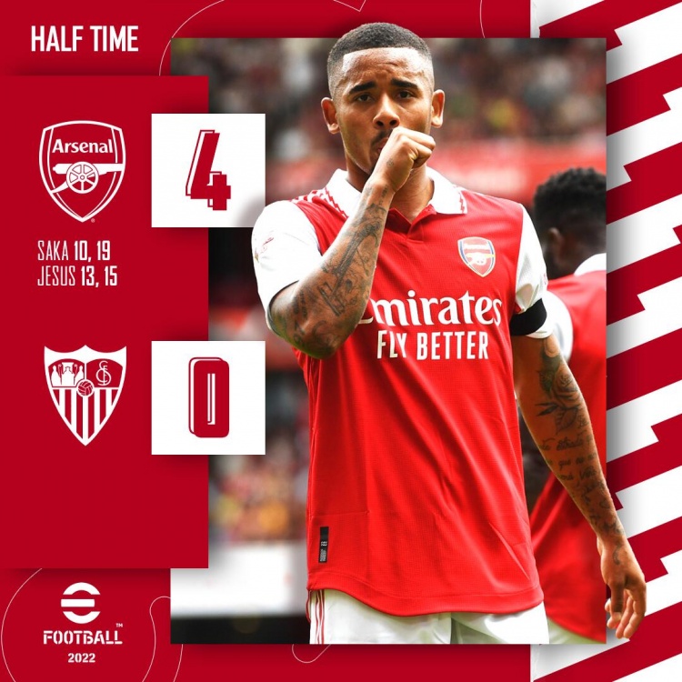半场-热苏斯3分钟双响萨卡梅开二度 阿森纳暂4-0塞维利亚
