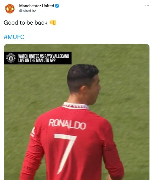 曼联官推晒C罗球场瞬间,配文:很高兴回来?