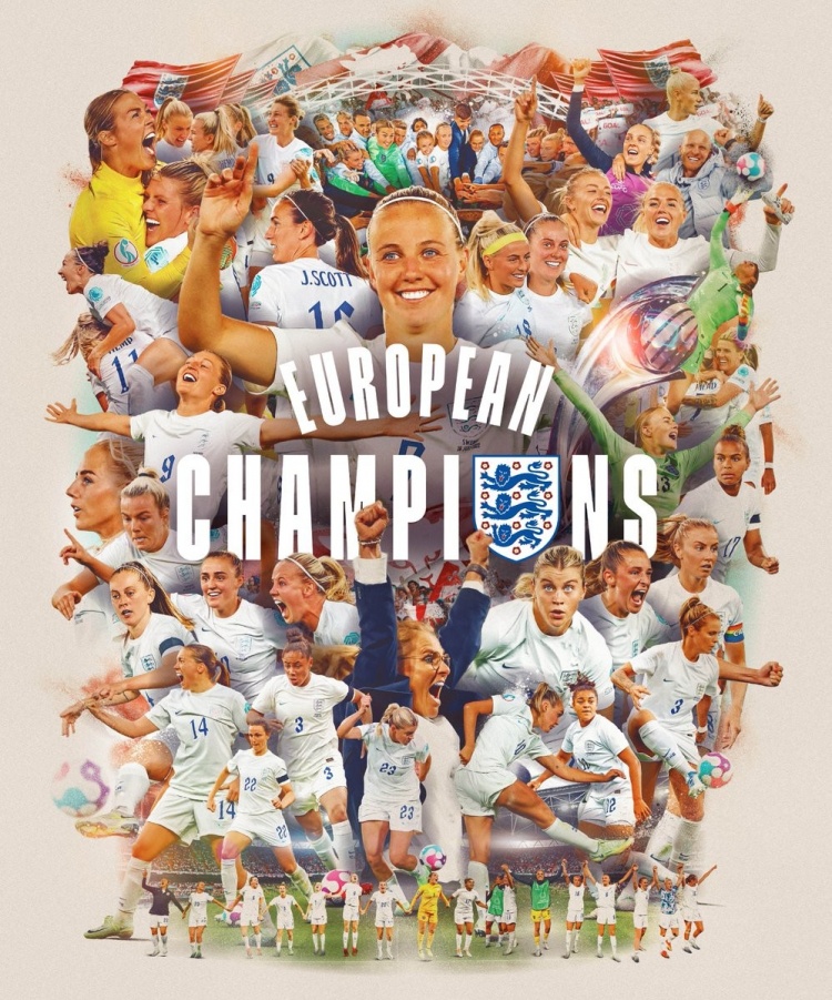 英格兰男足去年欧洲杯决赛在温布利失利，女足今日在此首夺欧洲杯