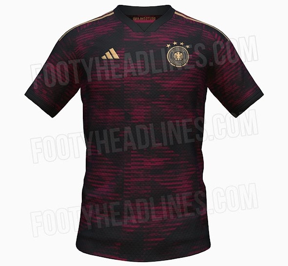 德国2022年世界杯客场球衣曝光：主体黑色+褐红色花纹