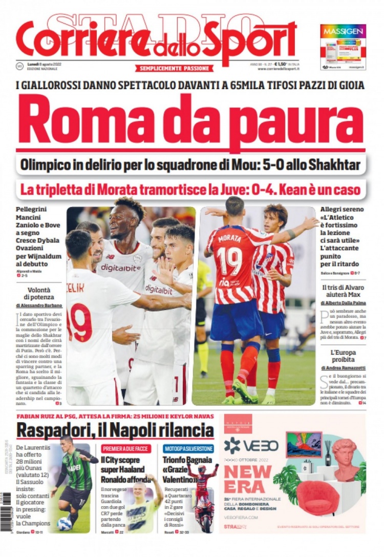 罗体头版:德佬总价4000万欧报价拉斯帕多里遭拒,萨索洛只要现金