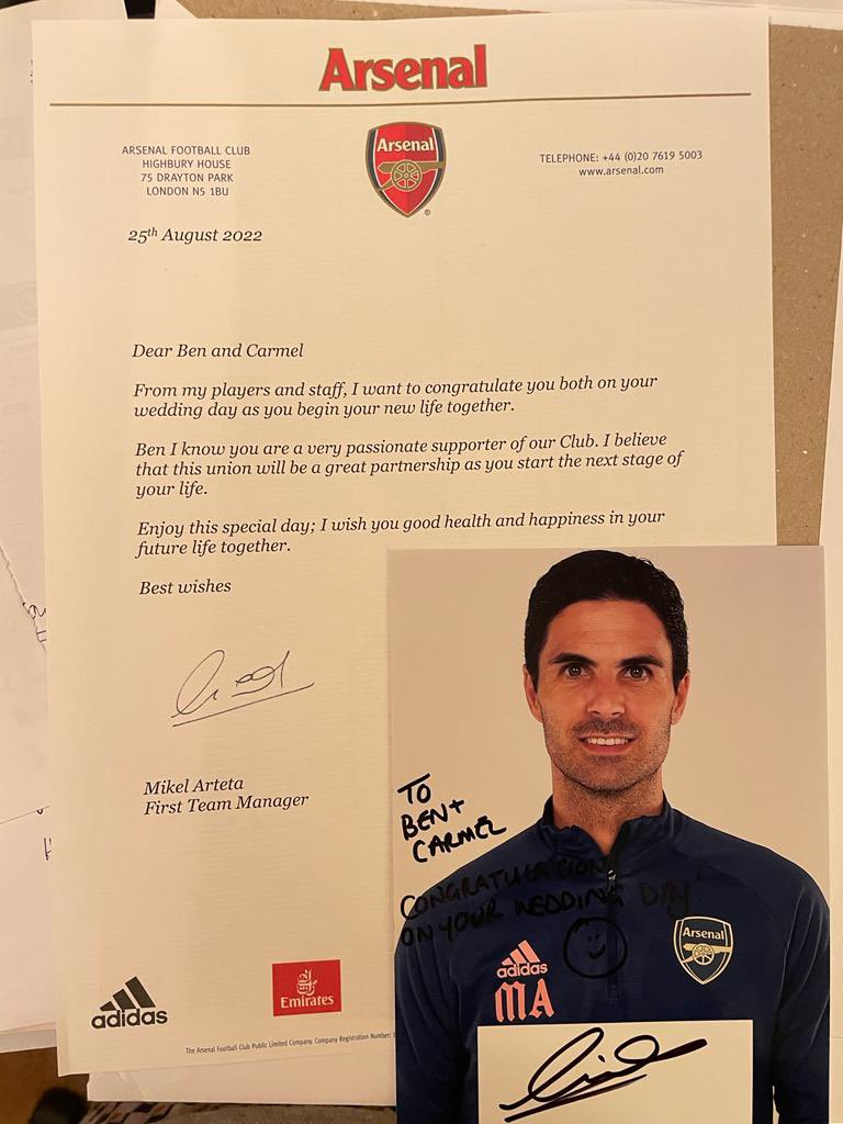 枪手球迷新婚,阿尔特塔送祝福:享受这特别的一天