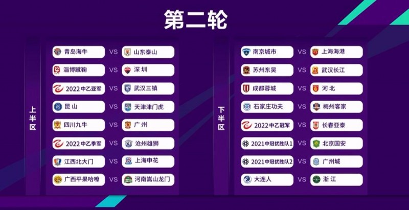 足协杯第二轮对阵:三镇、泰山、河南、申花上半区,大连人vs浙江