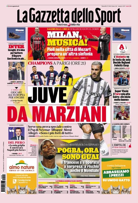 米体头版:米兰将在莫扎特故乡奏凯 博格巴能否参加世界杯成疑