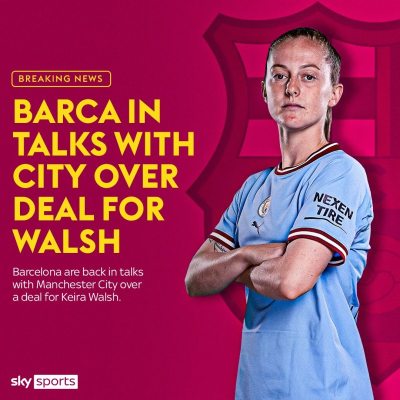 转会费创世界纪录!天空:巴萨女足将以40万欧签下曼城中场沃尔什