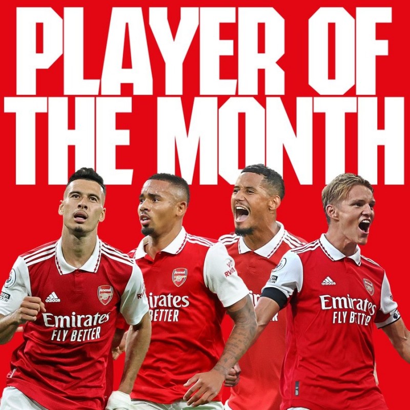 阿森纳官方8月最佳球员候选:厄德高&热苏斯&马丁内利&萨利巴