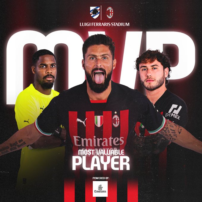 点球制胜!吉鲁当选对阵桑普一役米兰队内最佳球员