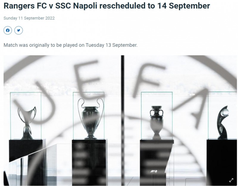 官方:由于女王去世警力不足,流浪者vs那不勒斯欧冠比赛延期一天