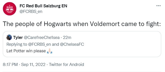 切尔西球迷“求放水”,萨尔茨堡官推用哈利波特梗与对方开玩笑