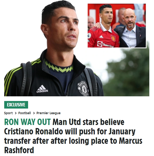 太阳报:竞争输给拉什福德,曼联球员相信C罗一月会再次寻求转会