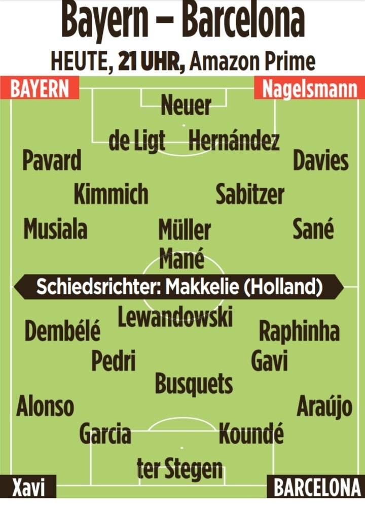 图片报预测拜仁大战巴萨首发:马内先发,莱万战旧主,登贝莱出战