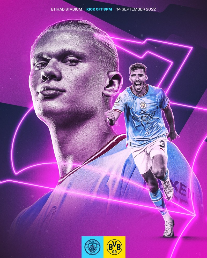 曼城发布对阵多特海报:哈兰德、鲁本-迪亚斯出镜
