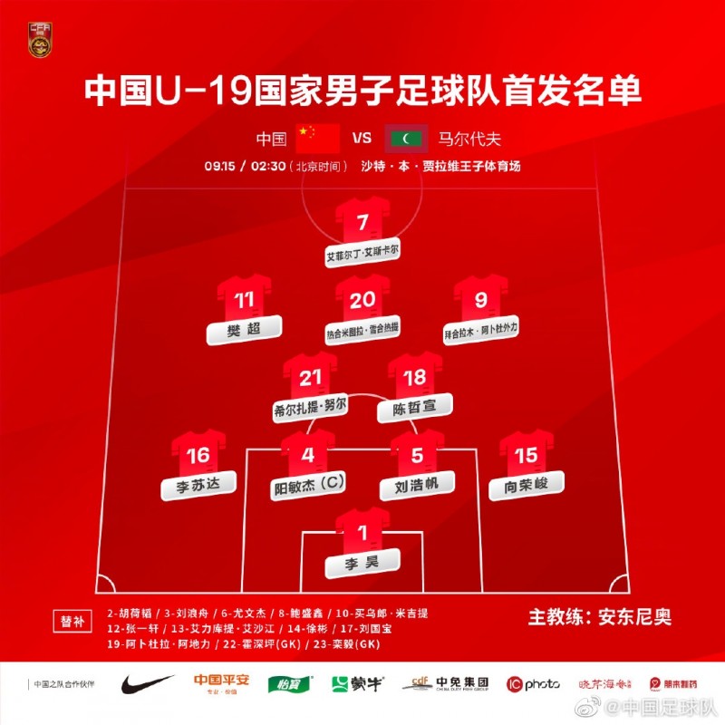 U20亚预-中国队vs马尔代夫首发:艾菲尔丁、樊超先发