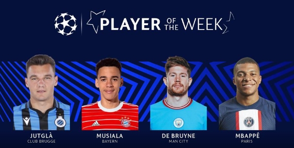 欧冠本周最佳球员候选:德布劳内、穆西亚拉、姆巴佩、朱特格拉