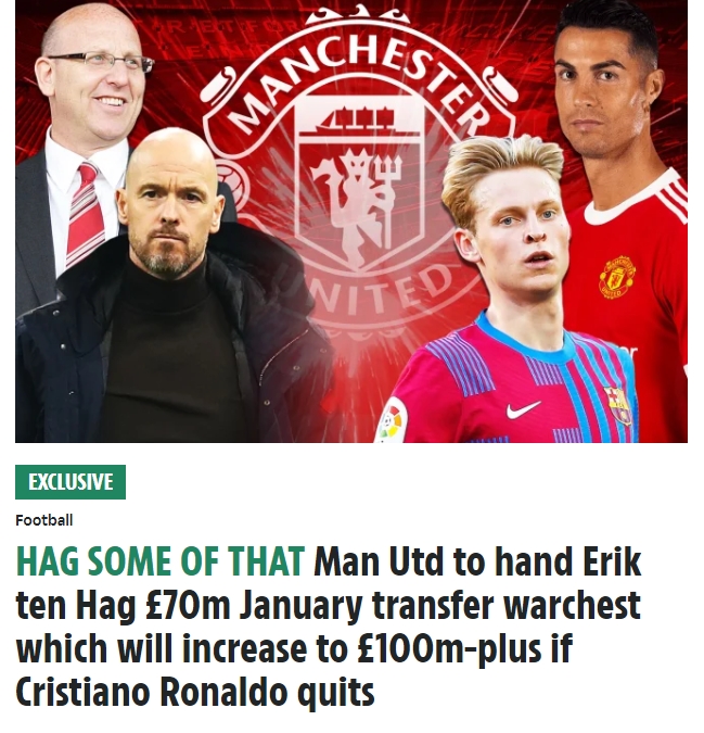 太阳报:滕哈赫冬窗至少有7000万镑转会预算,若C罗离队则有1亿镑