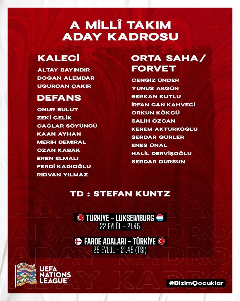 土耳其欧国联大名单:瑟云聚、德米拉尔入选,恰尔汗奥卢因伤缺席