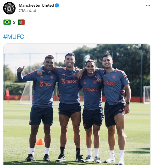 葡语帮!曼联晒照:C罗、卡塞米罗、安东尼、达洛特搭肩合影