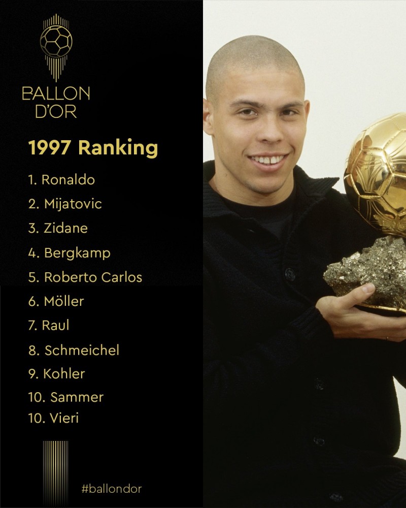 1997年金球前十:21岁大罗首次夺魁,齐祖、冰王子、卡洛斯在列