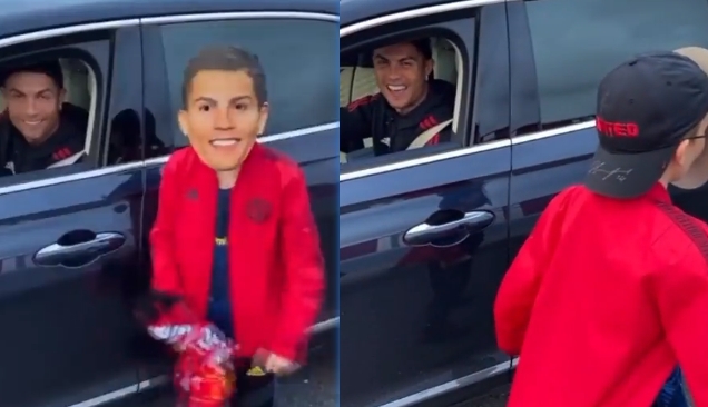 666？小球迷头戴C罗面具，在C罗面前做出标志siu庆祝引C罗大笑