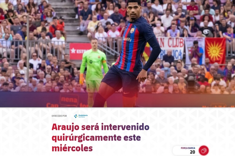 巴萨官方:阿劳霍肌腱撕裂将接受手术,西媒称将缺席三个月