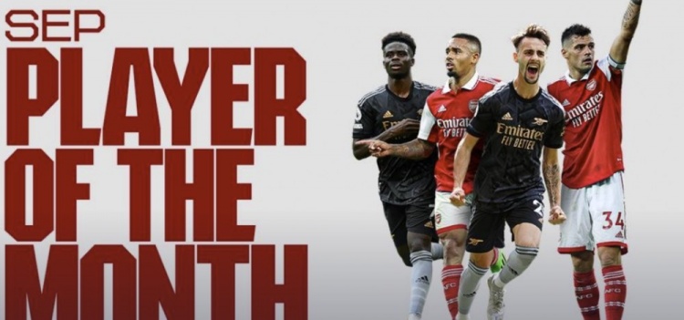 阿森纳9月队内最佳候选:热苏斯、萨卡、维埃拉、扎卡
