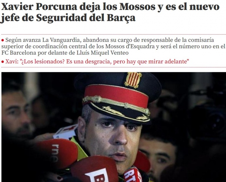 西媒:前加泰警局局长从本周四开始担任巴萨安全主管一职