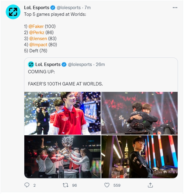 LOL官推：Faker！活着的传奇！Faker将参加他的第100场S赛