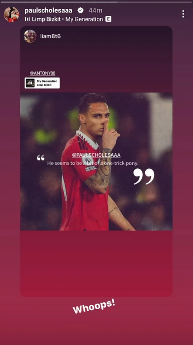 质疑安东尼只会一招鲜惨遭打脸?斯科尔斯社媒发Whoops表尴尬