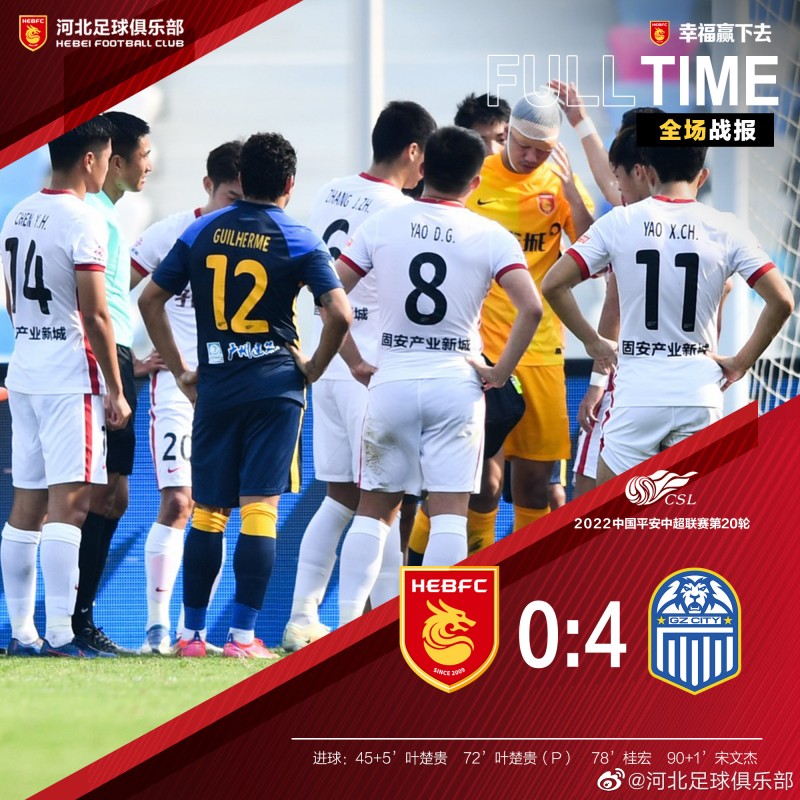 鲍亚雄第29分钟伤退,后卫刘润楠客串门将,河北队0-4不敌广州城