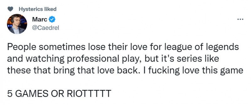 LEC解说Caedrel赛后发推：这个系列赛让人们找回对LOL的喜爱