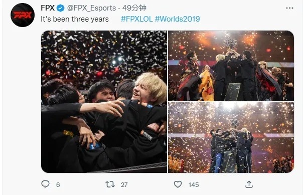FPX官推分享S9全球总决赛FPX夺冠照片：已经过去三年了