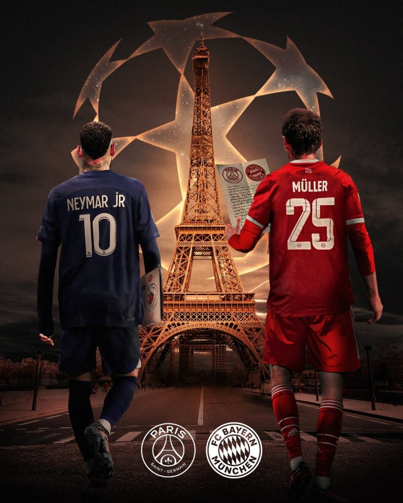 拜仁晒欧冠客战巴黎赛前海报：穆勒、内马尔并肩走向埃菲尔铁塔