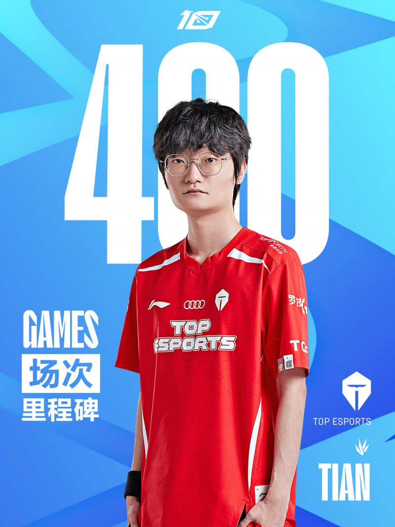 TES打野选手Tian达成LPL第400场成就,目前个人总胜场267